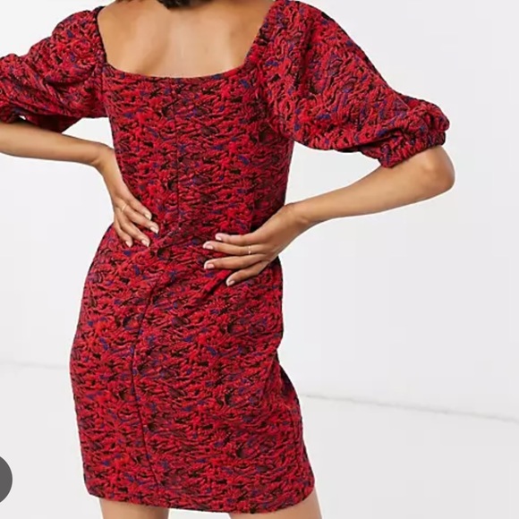 Free People Sunset Puff Sleeve Textured Mini Dress In Red Combo. NWT! Sz L - Picture 2 of 12